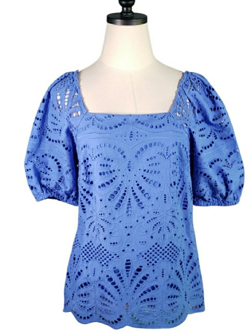 Talbots Periwinkle Eyelet Puff Sleeve Squareneck Blouse O Feminine Twee Romantic